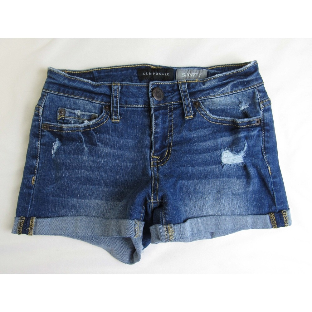 Aeropostale Denim Shorty Distressed Shorts Cuffed Women's/Juniors Size 00 - Picture 2 of 6